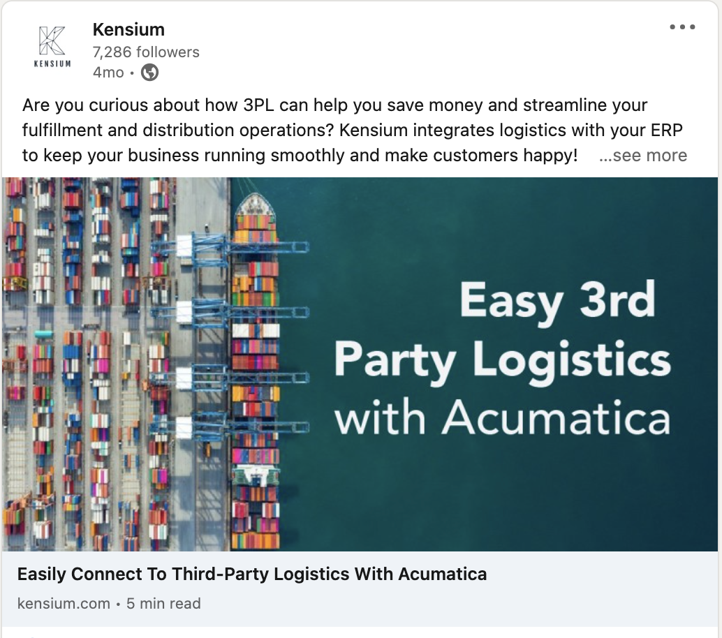 social media post for Kensium blog post - Easy 3rd Party Logistics with Acumatica